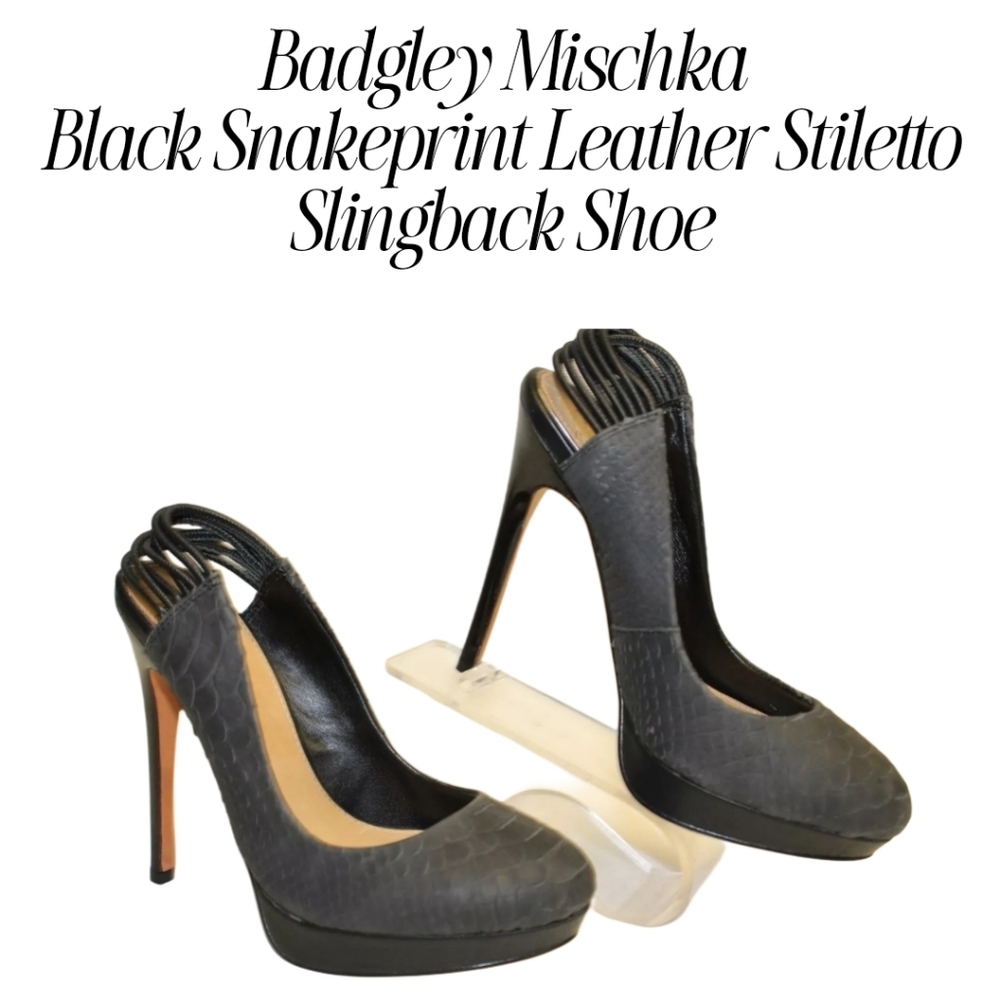 Badgley Mischka Black Snakeprint Leather Stiletto Slingbacks